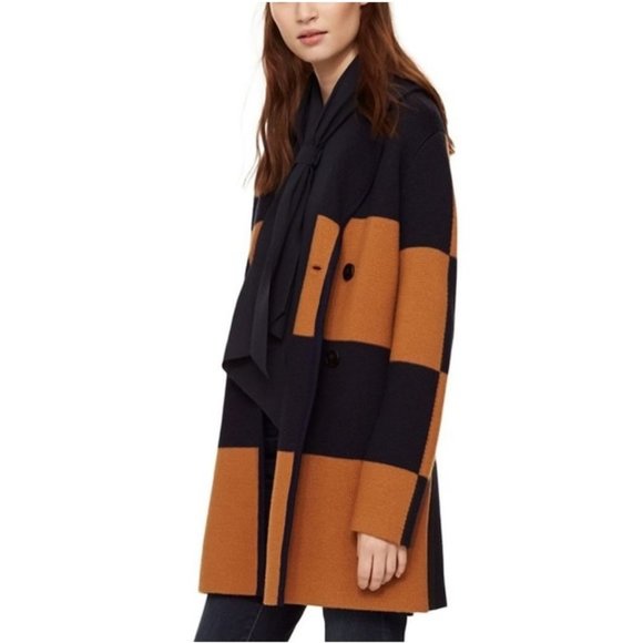 Tory Burch Merino Wool Coat / Small / Navy Mahogany Bold Stripe Heavyweight - Picture 2 of 13